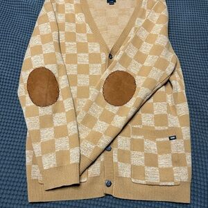 🎅🌲Vans Tan Checkered Cardigan with Custom Elbow Patches. Never Worn
